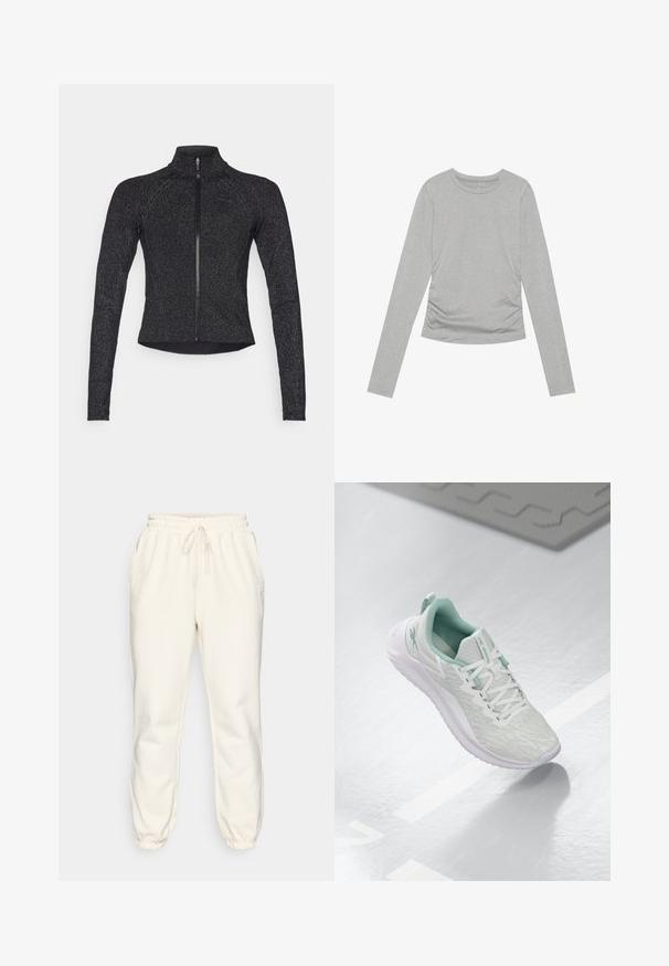 Melna sporta jakas ar garām piedurknēm, pussejas priekšpusē, teksturēts audums un smalka metāliska spīduma. Izceļas ar pieguļošu dizainu un augstu apkakli.; Pelēks garām piedurknēm krekliņš, kas izgatavots no mīksta materiāla, ar vienkāršu apveidu apkakli un savītām detaļām sānos.; Krēmkrāsas sporta bikses, kas izgatavotas no mīkstas auduma, ar elastīgu jostu ar auklu, sānu kabatām un sašaurinātiem ceļgaliem pie potītēm.; Gaišpelēka sporta apava ar teksturētu trikotāžas augšu, mentolzaļiem akcentiem, baltām šņorēm, gumijas zoli un cilpu uz papēža.