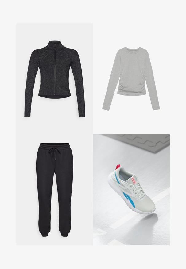 Fekete sportzakó hosszú ujjakkal, fél cipzárral az elején, texturált anyagból, finom fémes fényével. Fitted fazon és magas nyak jellemzi.; Szürke, hosszú ujjú ing, puha anyagból készült, egyszerű, kerek nyakkal és oldalt ráncolt részletekkel.; Fekete melegítőnadrág, puha anyagból készült, rugalmas derékkal és zsinórral, oldalsó zsebekkel és rugalmas mandzsettával a bokákon.; Fehér és kék Reebok sneaker piros húzófüllel, amely egy fényes padló fölött lebeg, mellette egy szürke gumiszőnyeg található.