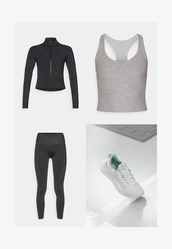 Veste de sport noire à manches longues, fermeture éclair mi-haute à l'avant, en tissu texturé et avec un léger éclat métallique. Présente un design ajusté et un col montant.; Crop top gris sans manches avec un large col rond et un dos découpé. Fabriqué en tissu doux et extensible avec une texture lisse.; Leggings noirs présentant une surface brillante et texturée, une taille haute et des coutures contournées pour un design ajusté. Convient pour les vêtements de sport.; Baskets de sport gris clair avec un dessus en maille texturée, accents vert menthe, lacets blancs, semelle en caoutchouc et une languette au talon.