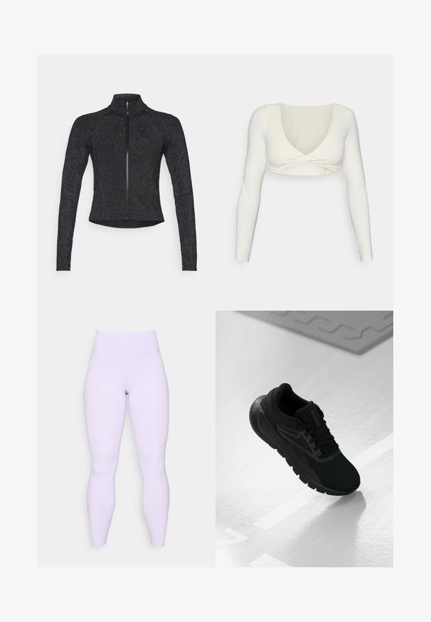 Black sports jacket with long sleeves, half-zip front, textured fabric, and subtle metallic sheen. Features a fitted design and high collar.; White long-sleeve crop top with a deep V-neckline and twisted front design, made from a smooth, stretchy fabric.; Lilac leggings with a high waistband, made from a stretchy, smooth fabric. Form-fitting design with no visible patterns or accents.; Black athletic shoe featuring a mesh upper, round toe, cushioned sole, and textured accents, positioned on a smooth white surface.