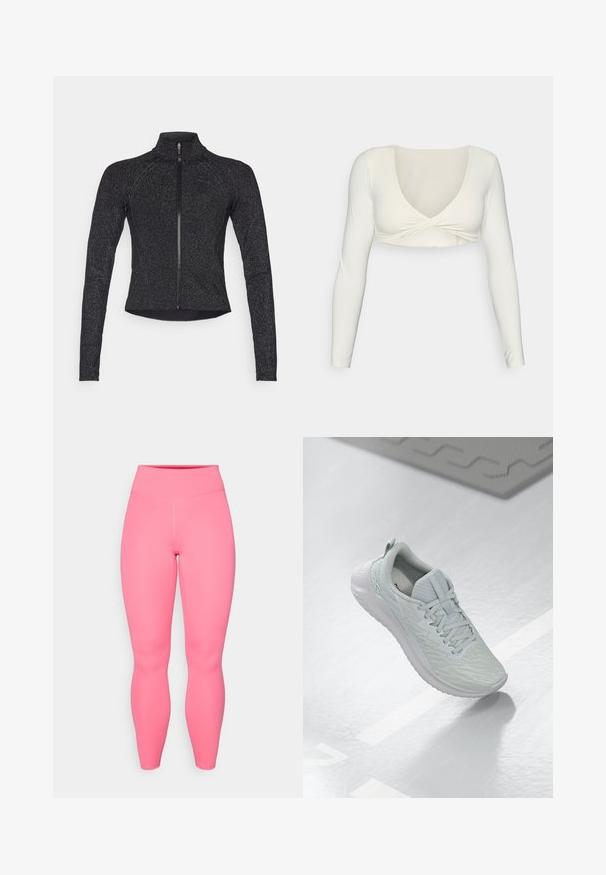 Sort sportsjakke med lange ærmer, halvlynlås foran, struktureret stof og subtil metallisk glans. Har et tætsiddende design og høj krave.; Hvid langærmet crop top med dyb V-udskæring og twistet frontdesign, lavet af et glat, strækbart stof.; Lyserøde aktive leggings med høj talje, lavet af strækbart materiale. Har en glat tekstur og ingen synlige mønstre eller accenter.; Lys grå atletisk sko med en struktureret mesh-overdel, snørebånd, polstret sål og minimal branding.