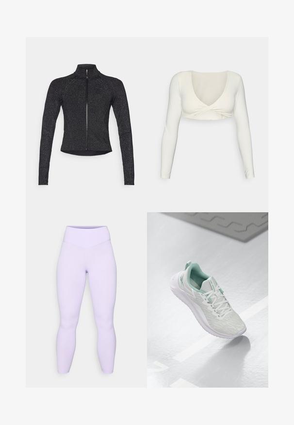 Casaco desportivo preto com mangas longas, fecho de meio zip na parte da frente, tecido texturizado e brilho metálico subtil. Apresenta um design ajustado e gola alta.; Camisola cropped de mangas longas branca com decote em V profundo e design frontal torcido, feita de um tecido suave e elástico.; Leggings lilás com uma cintura alta, textura suave e um design justo, que se estendem até os tornozelos sem costuras ou padrões visíveis.; Sapatilha atlética cinza claro com parte superior em malha texturizada, detalhes em verde menta, atacadores brancos, sola de borracha e etiqueta de puxar no calcanhar.