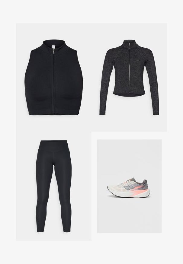 Chaqueta deportiva negra de manga larga, con cremallera frontal de medio largo, tejido texturizado y un sutil brillo metálico. Presenta un diseño entallado y un collar alto.; Top corto deportivo negro con cuello alto y cremallera frontal. Fabricado con tejido elástico de textura suave y costuras mínimas.; Leggings negras de tela elástica, con una cinturilla alta, textura suave y un ajuste ceñido al cuerpo. Sin patrones visibles ni herrajes.; Zapatilla de running de New Balance en gris claro y rosa con suela blanca gruesa y suela negra, vista lateral sobre fondo liso.