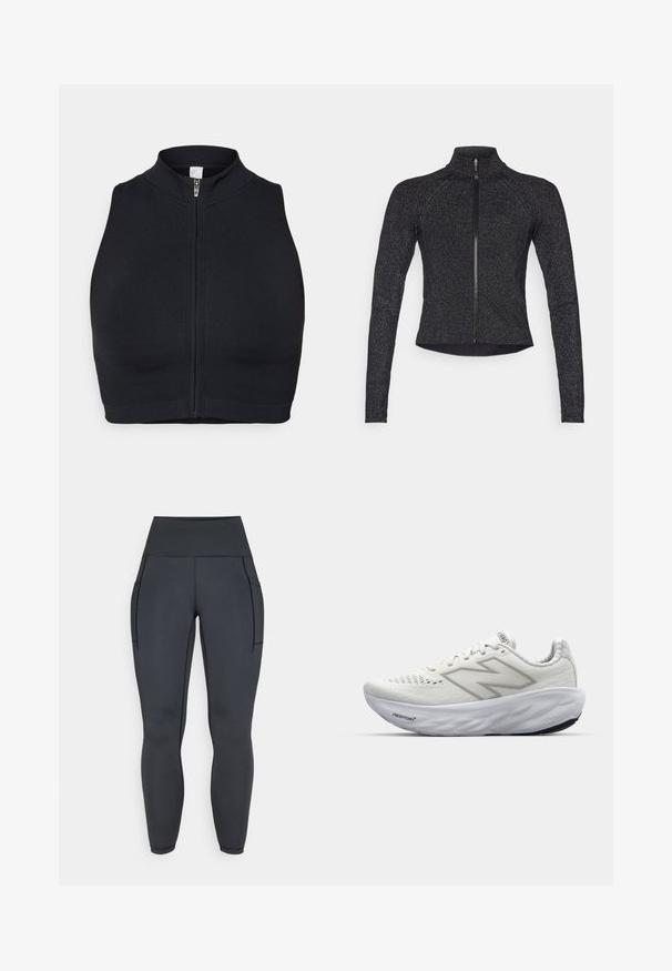 Svart sportsjakke med lange ermer, halv glidelås foran, strukturert stoff og subtil metallisk glans. Har en tettsittende design og høy krage.; Svart sport crop-top med høy krage og glidelås foran. Laget av elastisk stoff med en jevn tekstur og minimale sømmer.; Høyrdte svarte leggings laget av elastisk, glatt stoff. Har to sidelommer og kontrastsøm langs sømmene.; Hvite sportsko med mesh-overdel, utstyrt med polstret krage, teksturert såle og "Fresh Foam"-merket på mellomsålen.