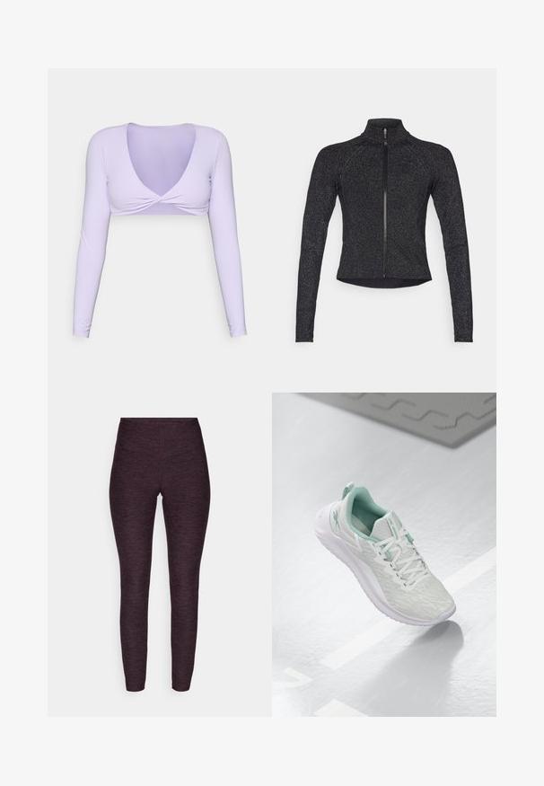 Črni športni jakna z dolgimi rokavi, polnimi zadrgo spredaj, strukturirano tkanino in subtilnim metalnim sijajem. Ima prilegajoč dizajn in visok ovratnik.; Svetlo sivoljubičasti dolgrokavnik s kratom rezom in globokim V-izrezom ter zasukanim sprednjim delom. Narejen iz gladkega, elastičnega materiala, idealnega za plastenje.; Leggings v temno vijoličastem heather materialu, z visokim pasom in oprijetim krojem ter gladko, elastično teksturo.; Svetlo sivi športni čevelj z teksturiranim pletenim zgornjim delom, zelenimi poudarki, belimi vezalkami, gumijastim podplatom in zankico na peti.