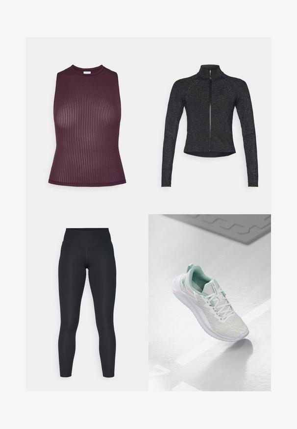 Czarna sportowa kurtka z długimi rękawami, pół-zamkiem z przodu, teksturowanym materiałem i subtelnym metalicznym połyskiem. Posiada dopasowany krój i wysoki kołnierz.; Burgundowa, prążkowana bluzka bez rękawów z wysoką szyją, dopasowany krój i gładka faktura. Posiada czysty, wykończony dół.; Czarne legginsy wykonane z elastycznej tkaniny, z wysokim stanem, gładką fakturą i dopasowanym krojem. Bez widocznych wzorów czy ozdób.; Jasnoszare buty sportowe z teksturowaną dzianiną, miętowymi akcentami, białymi sznurowadłami, gumową podeszwą i uchwytem na pięcie.