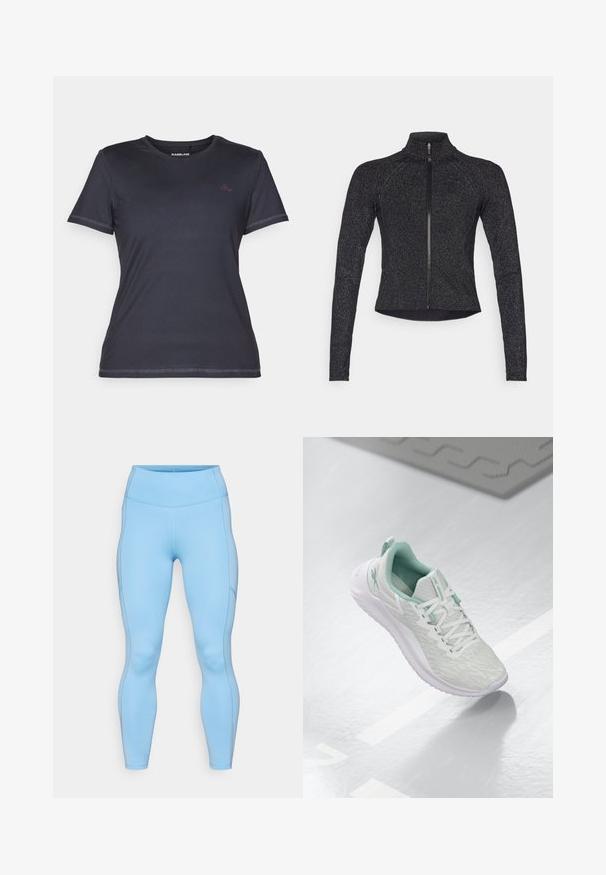 Czarna sportowa kurtka z długimi rękawami, pół-zamkiem z przodu, teksturowanym materiałem i subtelnym metalicznym połyskiem. Posiada dopasowany krój i wysoki kołnierz.; Koszulka z krótkim rękawem i okrągłym dekoltem w ciemnym granacie, o gładkiej fakturze i kontrastującym różowym logo na piersi.; Jasnoniebieskie legginsy wykonane z elastycznej tkaniny. Posiadają wysoki pasek w talii, gładką teksturę oraz zakrzywione szwy wzdłuż nóg.; Jasnoszare buty sportowe z teksturowaną dzianiną, miętowymi akcentami, białymi sznurowadłami, gumową podeszwą i uchwytem na pięcie.
