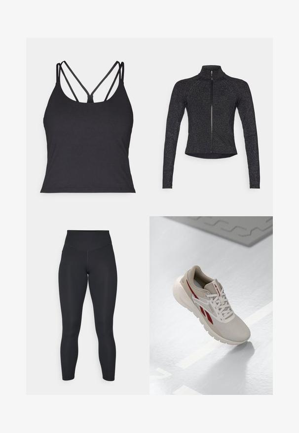 Black sports jacket with long sleeves, half-zip front, textured fabric, and subtle metallic sheen. Features a fitted design and high collar.; Black tank top featuring thin straps with a crisscross design at the back. Made from soft, stretchy material with a fitted silhouette.; Black leggings with a high waist, smooth texture, and fitted design. Features flat seams and full-length coverage with no patterns.; Beige athletic shoe with red accents, textured mesh upper, padded collar, and lightweight sole. Features a logo on the side and laced design.
