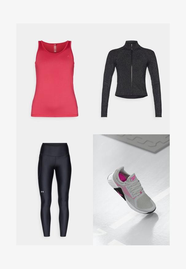 Čierna športová bunda s dlhými rukávmi, polovičným zipsom vpredu, štruktúrovanou tkaninou a jemným metalickým leskom. Má priliehavý strih a vysoký golier.; ONLY Play ONPCARMEN LIFE TOP - Top - granita; Čierne legíny vyrobené z hladkého, elastického materiálu s vysokým pásom. Obsahujú biele logo na ľavom stehne a sú strihané na telo.; Šedé a ružové športové tenisky Reebok s priedušnou vrchnou časťou a detailnou podrážkou, vystavené na lesklom bielom povrchu.