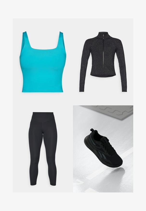 Musta urheilutakki, jossa on pitkät hihat, puolivetoketju edessä, teksturoitu kangas ja hillitty metallinhohto. Takissa on slim fit -muotoilu ja korkea kaulus.; Turkoosi muotoiltu lyhyt toppi, jossa on leveä neliön muotoinen pääntie, sileä pinta, eikä näkyviä kuvioita tai kiinnikkeitä. Lyhyet, leveät hihnat.; Musta legginsit korkealla vyötäröllä, sileä pinta ja tiukka malli. Sisältää litteät saumat ja täyspitkän peiton ilman kuoseja.; Musta urheilukenkä, jossa on verkkokangas, ja siinä on tekstuuriakcentteja sekä tasainen pohjamuoto. Sisältää tonalisointibrändin ja vetolenkin kantapäässä.