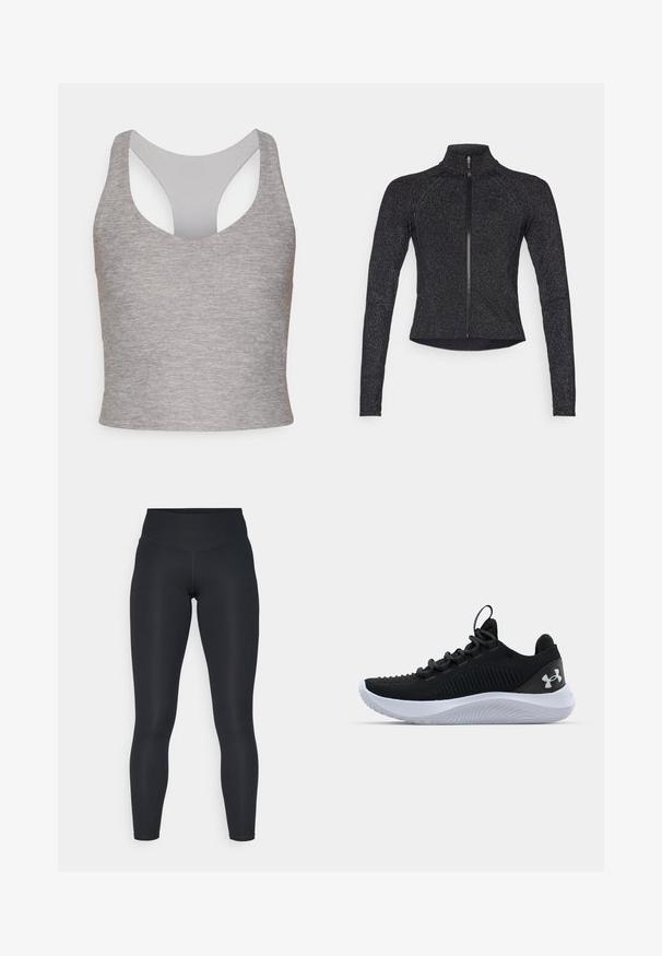 Črni športni jakna z dolgimi rokavi, polnimi zadrgo spredaj, strukturirano tkanino in subtilnim metalnim sijajem. Ima prilegajoč dizajn in visok ovratnik.; Siva brezrokavnik s krojenim dekoltejem in izrezom na hrbtu. Izdelan iz mehkega, elastičnega materiala z gladko teksturo.; Črne legice iz raztegljive tkanine, s visokim pasom, gladko teksturo in telesu prilegajočim krojem. Brez vidnih vzorcev ali dodatkov.; Črne športne copate z zračnim mrežastim zgornjim delom, strukturnimi detajli in belo gumijasto podplat. Imajo ravne vezalke in zanko na peti.