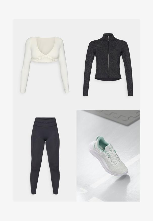 Sort sportsjakke med lange ærmer, halvlynlås foran, struktureret stof og subtil metallisk glans. Har et tætsiddende design og høj krave.; Hvid langærmet crop top med dyb V-udskæring og twistet frontdesign, lavet af et glat, strækbart stof.; Sorte tights med en høj elastisk talje, der har teksten "UNDER ARMOUR". Glat tekstur med subtile mønsterindslag langs benene.; Lys grå sportsko med en struktureret strikket overdel, mintgrønne accenter, hvide snørebånd, gummisål og en løkke ved hælen.