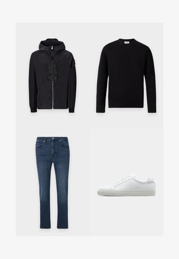 Svart jakke laget av lett materiale har glidelåsforside, justerbar hette og teksturert design med kontrasterende panel på brystet.; Svart langermet genser med rund hals laget av mykt stoff. Har en lomme på venstre bryst og en rett underkant med minimale teksturdetaljer.; Mørkeblå slim-fit denim jeans med front- og myntlommer, knappelukking og subtil fading på lårene.; Hvit sneakers med en glatt skinnoverdel og lav profil. Har en rund tå, seks snøring hull, og en teksturert gummisåle.