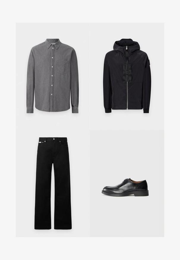 Must must, mis kergest kangast, on lukuga ees, reguleeritava kapuutsiga ning tekstuurse disainiga, millel on kontrastne paneel rinnal.; Hall hõlmikuga särgist, mis on valmistatud pehmest kangast, klassikalise kraega, ühekordse rinnataskuga ja standardsete nööbid.; Mustadest denimist püksid laiade jalgadega, viie tasku ja metallist nööpidega. Sile tekstuur, nähtavad mustrid puuduvad.; Must sõlmiga mustad nahast kontsad, ümarate varvastega, sileda pinna ja madala, tekstuuriga kummitald. Puhtad jooned ja minimalistisch disain.