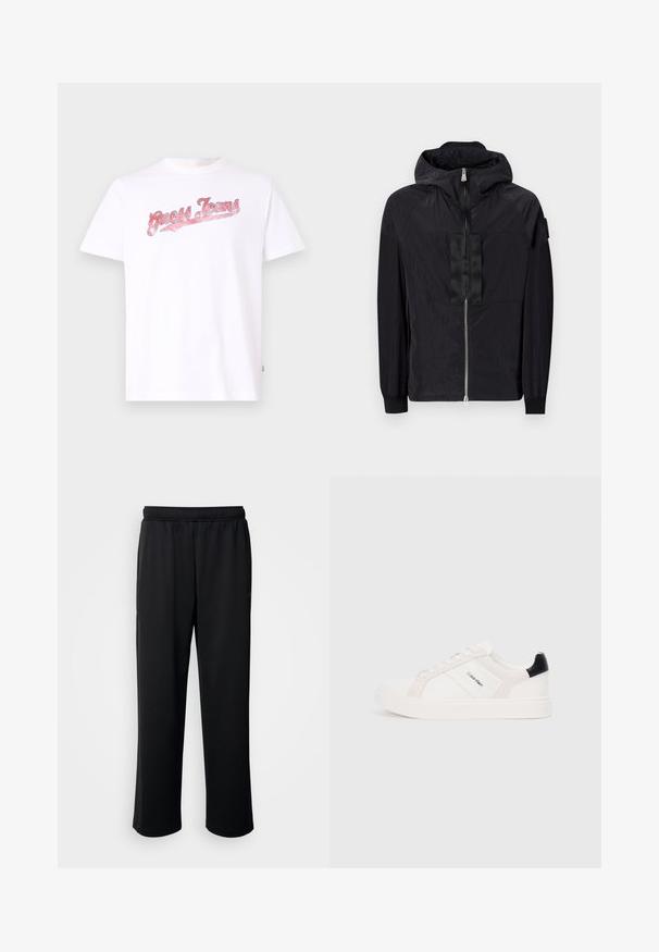 Must must, mis kergest kangast, on lukuga ees, reguleeritava kapuutsiga ning tekstuurse disainiga, millel on kontrastne paneel rinnal.; Valge puuvillane T-särk, millel on punase ja roosa graafilise kujundusega tekst "Guess Jeans", ümar kaelus, lühikesed varrukad, lõdva lõikega.; Mustad mustrendiga sportpüksid, valmistatud pehmest ja hingavast kangast. Omavad elastset vööd ja sirgeid jalgu, ilma silmatorkavate aksessuaare või mustriteta.; Valge tossud heleda roosa ja musta aktsendiga, mis sisaldavad sileda naha ja nubukpaneele, ümarat varvust ja lamedat kummitalda.