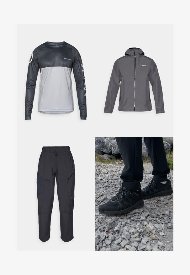 Harmaa vedenpitävä takki, jossa on vetoketjulaulu, säädettävä huppu ja elastiset hihansuut. Ominaisuuksiin kuuluu logo vasemmalla rintapielessä ja sileä rakenne.; Pitkähihaisessa pyöräilypaidassa on mustaa ja harmaata väriä, pyöreä kaula-aukko, sileä pinta sekä logotakki rinnan ja hihan kohdalla.; Mustat cargo-housut, jotka on valmistettu kevyestä, vettä hylkivästä materiaalista; niissä on joustava vyötärö, useita vetoketjullisia taskuja ja kapenevat lahkeet.; Mustat ulkokengät, joissa on verkko- ja synteettinen materiaali, teksturoitu päällinen, varma nauhoitusjärjestelmä ja kestävä pohja kivikkoisella maastolla.