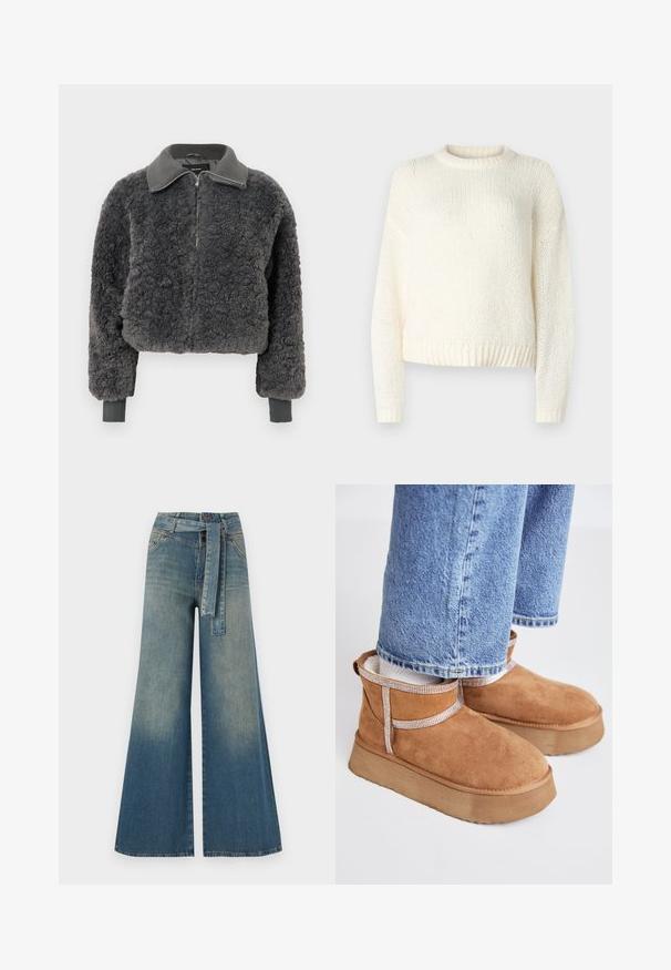 Tamsiai pilkas dirbtinio kailio zip-up džemperis su nertos apykaklės ir rankogalių detalėmis, su priekiniais užtrauktukais ir šiek tiek sutrumpintu kirpimu.; Lengvas, megztas grietinėlės spalvos svarkelis su ilgomis rankovėmis, apvaliu iškirpimu ir veliūrine apatine dalimi. Tekstūruota medžiaga su laisvu, atsipalaidavusiu siluetu.; Platus džinsinis kelnes su šviesiai tamsiai mėlynu gradientu, aukštu juosmeniu, diržo kilpomis ir atitinkančiu audinio diržu. Textūruotas džinsinis paviršius.; Rudi suede auliniai batai su storu, tekstūruotu padu. Pridėtas dekoratyvinis dirželis su languota raštu aplink kulkšnį.