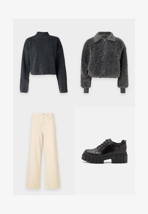 Dark gray faux shearling zip-up jacket with ribbed collar and cuffs, featuring a front zipper and a slightly cropped fit.; Cropped, dark grey sweater with a high neckline and long sleeves. Made of textured knitted fabric with subtle patterning throughout.; Beige wide-leg jeans made of cotton. Features a button closure, belt loops, and front pockets with a smooth, soft texture.; Black leather platform shoes with a chunky block heel, round toe, and traditional lace-up design. Features smooth texture and minimal detailing.