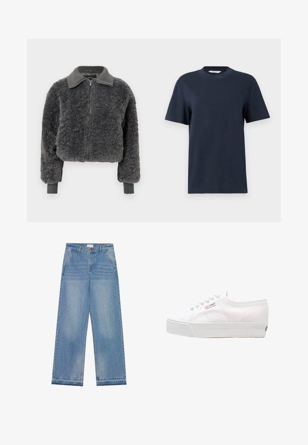 Dark gray faux shearling zip-up jacket with ribbed collar and cuffs, featuring a front zipper and a slightly cropped fit.; Navy blue short-sleeve T-shirt made from cotton, featuring a round neckline and a relaxed fit with minimal detailing.; Light blue high-waist wide-leg jeans with a button closure, front pockets, belt loops, and subtle faded detailing.; Superga 2790 LINEA UP AND DOWN - Trainers - white