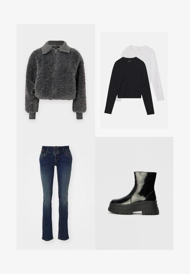 Tamsiai pilkas dirbtinio kailio zip-up džemperis su nertos apykaklės ir rankogalių detalėmis, su priekiniais užtrauktukais ir šiek tiek sutrumpintu kirpimu.; Du dušo ilgomis rankovėmis marškiniai: vieni juodi, kiti balti. Abu marškiniai turi apvalų iškirpimą, raglan tipo rankoves ir minkštą medvilnės mišinio audinį.; Tamsiai mėlynos džinsai su siauru siluetu, turintys dvigubą sagčių juostą, penkias kišenes ir šiek tiek išblukusią tekstūrą ant šlaunų.; Juodas blizgus kulkšninis botas su storu iškilniu padu ir apvaliu pirštu, šoninis vaizdas ant vientiso šviesiai pilko fono.