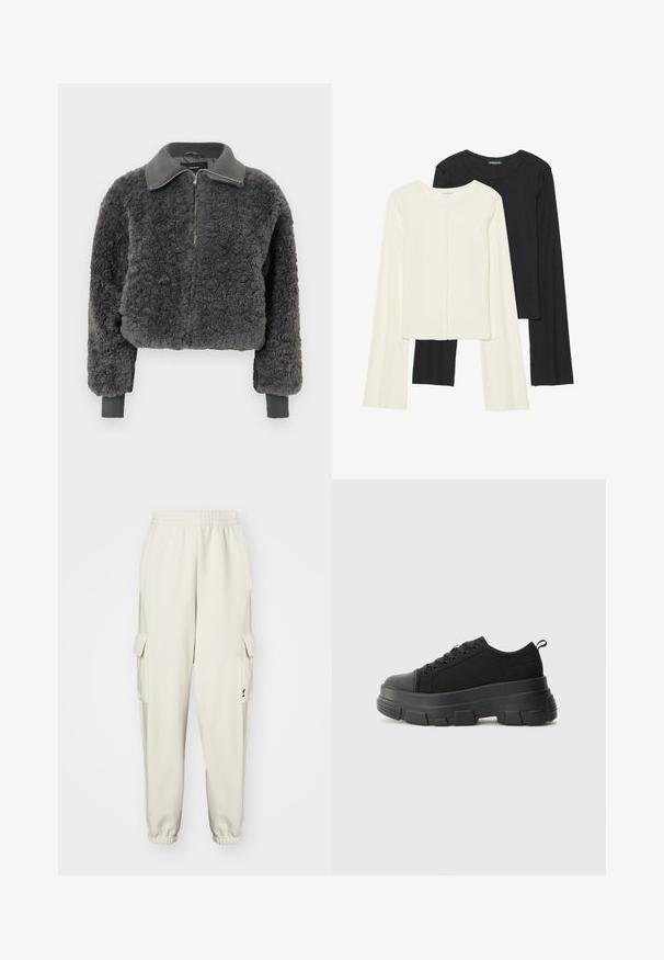 Casaco de zíper em pele sintética de pelo cinza escuro, com gola e punhos canelados, apresentando um zíper frontal e um caimento ligeiramente cropped.; Conjunto de duas blusas de manga longa em branco e preto. Textura canelada, decote redondo, design ajustado com mangas ligeiramente evasê.; adidas Originals Calças cargo - white; Sneakers pretos com sola de borracha robusta, parte superior de tecido texturizado, bico redondo e design de atacadores. Apresenta ilhós reforçados e uma alça na parte posterior.