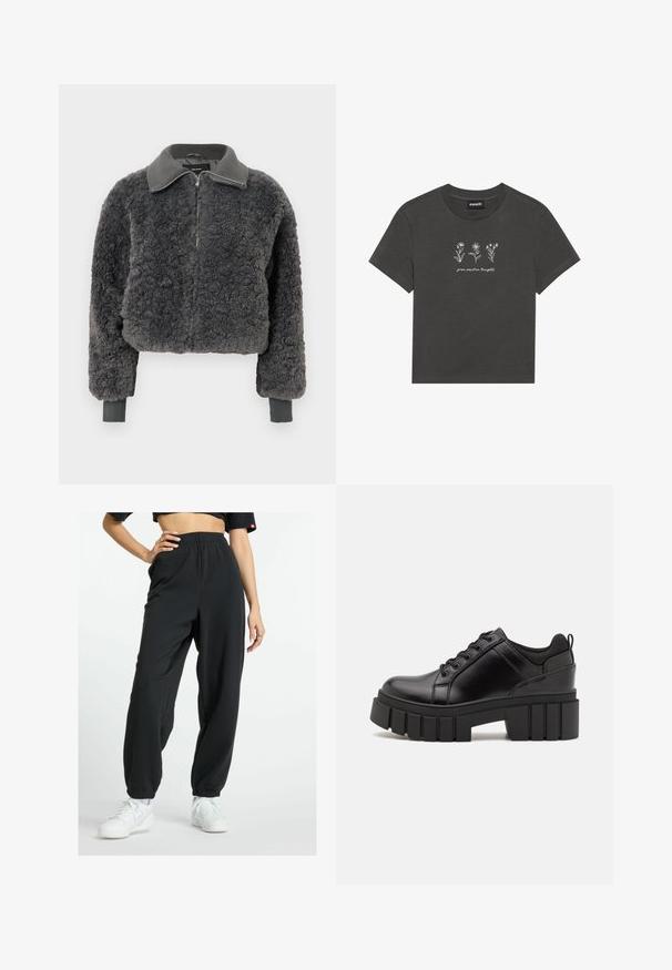 Tummanharmaa keinokarvainen vetoketjullinen takki, jossa on ribbauskohdat kauluksessa ja hihoissa. Takissa on etuvetoketju ja se on hieman lyhyt malli.; T-paita hiilenharmaata pehmeästä puuvillasta, jossa on valkoiset brodeeratut kukat ja teksti "kasva positiivisia ajatuksia" kuvion alla.; New Balance ESSENTIALS FRENCH JOGGER - Verryttelyhousut - black; Mustat nahkakengät, joissa on lättihenkinen korko, pyöreä kärki ja perinteinen nauhakiinnitys. Ominaisuuksiin kuuluu sileä pintakuvio ja minimaalinen yksityiskohtaisuus.