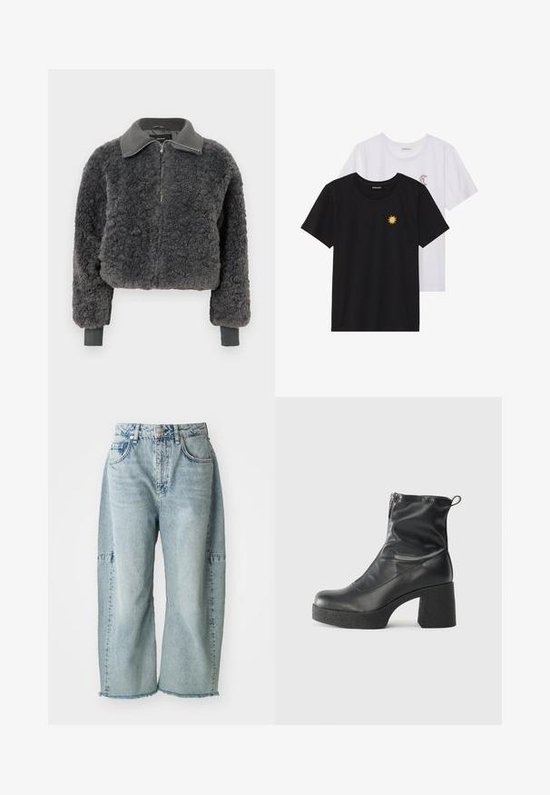 Tamno siva lažna ovčija kožna jakna na patentni zatvarač s rebrastim ovratnikom i manžetama, koja ima prednji patentni zatvarač i blago skraćeni kroj.; Crne i bijele majice, okrugli izrez, kratki rukavi. Crna majica ima žuti vez suncem; bijela majica ima ljubičasti naglasak u obliku polumjeseca.; Svijetloplave traperice imaju široke nogavice, razderane rubove i detalje u patchwork stilu. Izrađene su od mekanog, teksturiranog pamučnog materijala.; Crne gležnjače od glatke kože, s bočnim zatvaračem, debelim teksturiranim potplatom i dizajnom s zaobljenim prstima.