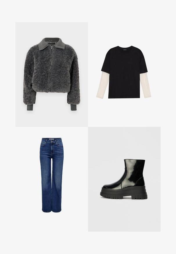 Jachetă elegantă cu fermoar, din faux shearling de culoare gri închis, cu guler și mansete ribbed, având o potrivire ușor scurtă.; Tricou negru din bumbac, cu mâneci scurte, peste un strat alb cu mâneci lungi, având un model texturat subtil. Design cu guler rotund.; Jeans cu talie înaltă și picioare largi, din denim albastru închis, cu închidere cu nasturi, cinci buzunare și detalii cu cusături contrastante.; Botine negre, lucioase, până la gleznă, cu talpă groasă și vârf rotund, vedere laterală pe un fundal gri deschis, simplu.