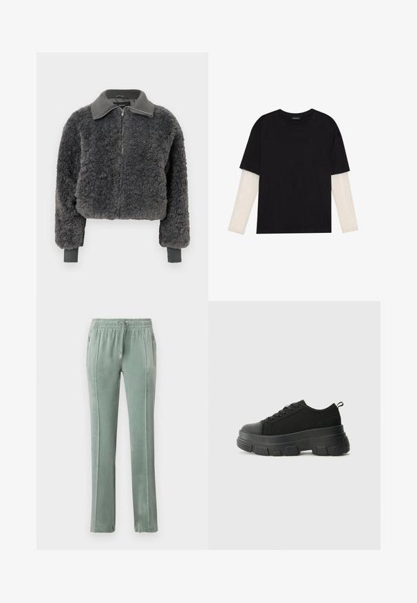 Tmavě šedá umělá kožešinová bunda na zip s ribbovaným límcem a manžetami, která má přední zip a mírně zkrácený střih.; Černé tričko z bavlny s krátkým rukávem, pod kterým je bílá podvlékací halenka s dlouhým rukávem a jemným texturovaným vzorem. Design s kulatým výstřihem.; Sametové tepláky v tlumené zelené barvě mají elastický pas se stahovacími šňůrkami, boční kapsy a kontrastní vertikální švy.; Černé tenisky s robustní gumovou podrážkou, vrchní část z texturované tkaniny, kulatá špička a šněrovací design. Obsahují zesílené okraje pro tkaničky a poutko na zadní straně.