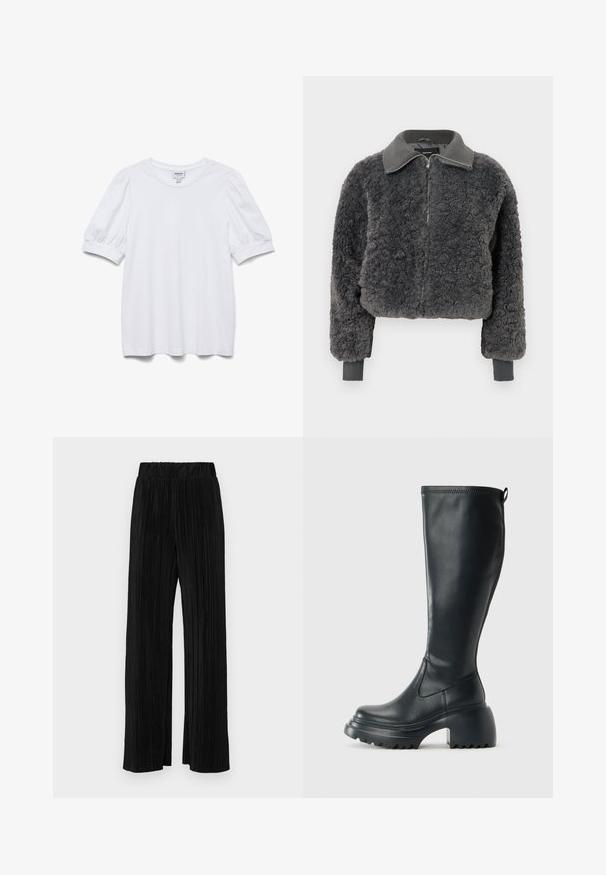 Temno siva umetna ovčja bunda z zadrgo in rebrastim ovratnikom ter manšetami, ki ima sprednjo zadrgo in nekoliko skrajšan kroj.; Bela kratka majica s kratkimi rokavi in krožnim izrezom ter napihnjenimi rokavi. Narejena iz gladkega blaga, z oznako "AWARE."; Črne plisirane hlače z elastičnim pasom. Imajo široke noge in gladko, teksturirano tkanino z navpičnimi črtami.; Visoka črna usnjena škornja s debelim podplatnim solejem in blok peto, opremljena s potegom in strukturiranim profilom na podplatu.