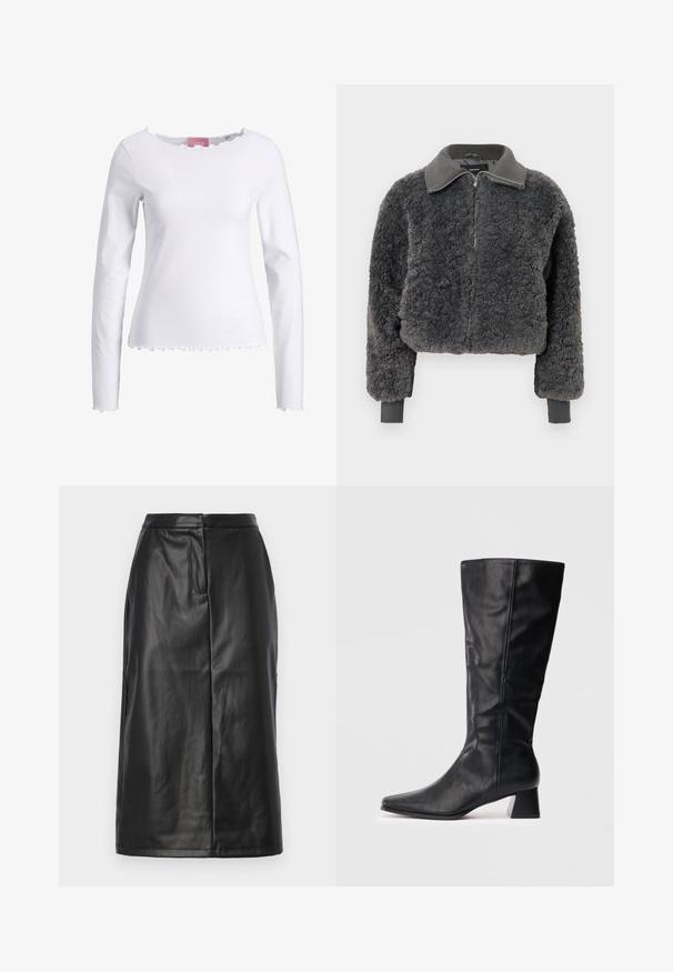 Mørk grå faux shearling zip-up jakke med ribbestrikket krage og mansjetter, med frontglidelås og en lett cropped passform.; Hvit langermet topp laget av bomull. Har rund hals med rynket kant og rynket nederkant. Enkel, tettsittende design.; Svart skinnskjørt med tettsittende silhuett, med en jevn tekstur, midilengde design og diskret sømdetaljering. Ingen metallaccenter.; Svart lærstøvel til midt på leggen med spiss tå og blokkhels på enkel lys bakgrunn.