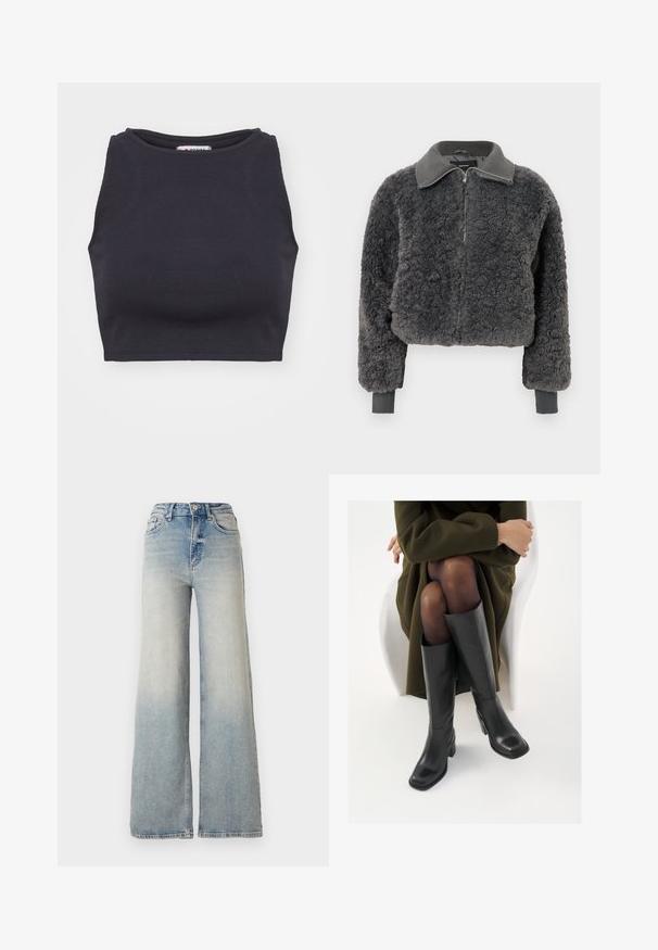 Sötétszürke műszőrme zipzáras dzseki, bordázott gallérral és mandzsettával, elől cipzárral és enyhén cropped szabással.; Fekete bordázott crop top, kerek nyakkivágással és ujjatlan kialakítással. Simaság, testhezálló forma és minimalista stílus jellemzi.; Világoskék, bő szárú farmernadrág, magas derékkal, öt zsebbel és látható varrással az illesztések mentén.; Térdfelett érő fekete bőr csizmák négyzet alakú orral és tömbtalppal, olajzöld kabátban ülő modellel bemutatva. Simaság, minimalista részletezés.
