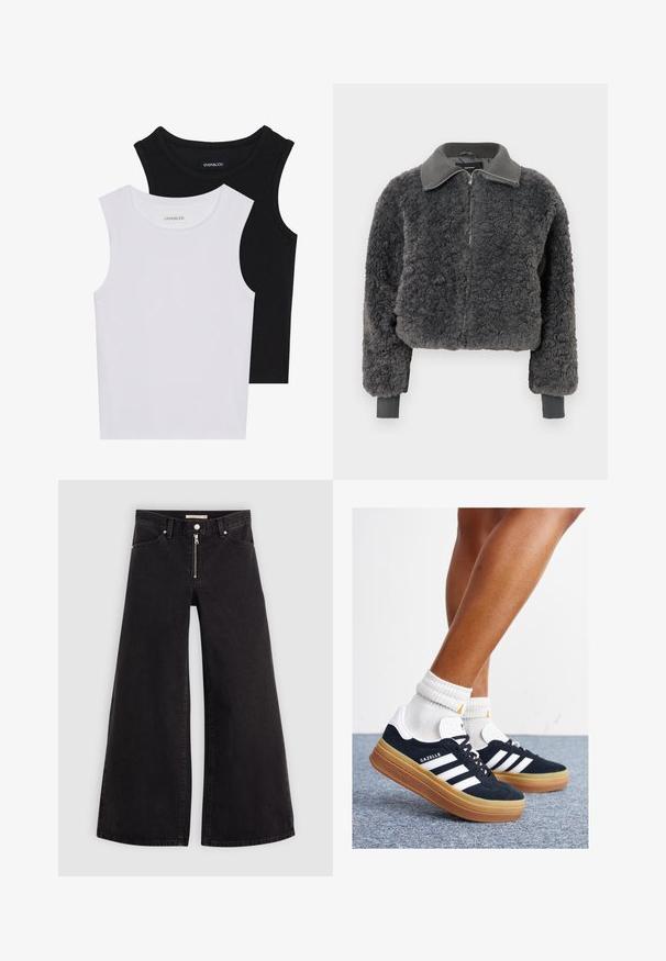 Dark gray faux shearling zip-up jacket with ribbed collar and cuffs, featuring a front zipper and a slightly cropped fit.; Two sleeveless tops in black and white, made of ribbed cotton, featuring round necklines and a fitted design. Labels visible on both.; Wide-leg jeans in black denim with a zippered front, five-pocket design, and subtle stitching details. Smooth texture and casual style.; Black suede sneakers with white stripes and accents, rounded toe, gum rubber outsole, paired with white ribbed crew socks.
