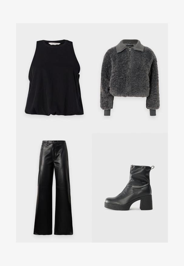 Chaqueta de felpa sintética gris oscuro con cierre de cremallera, cuello y puños acanalados, que presenta una cremallera frontal y un corte ligeramente cropped.; Top negro sin mangas hecho de tela suave, con un escote redondo y un corte holgado que cae suavemente en el dobladillo. Sin patrones ni acentos visibles.; Pantalones de imitación de cuero negros de cintura alta y pierna ancha con botón frontal, cierre de cremallera, pasadores para cinturón y bolsillos laterales sobre fondo blanco.; Botines negros de tobillo, hechos de cuero suave, con cierre lateral, tacón grueso texturizado y diseño de punta redondeada.
