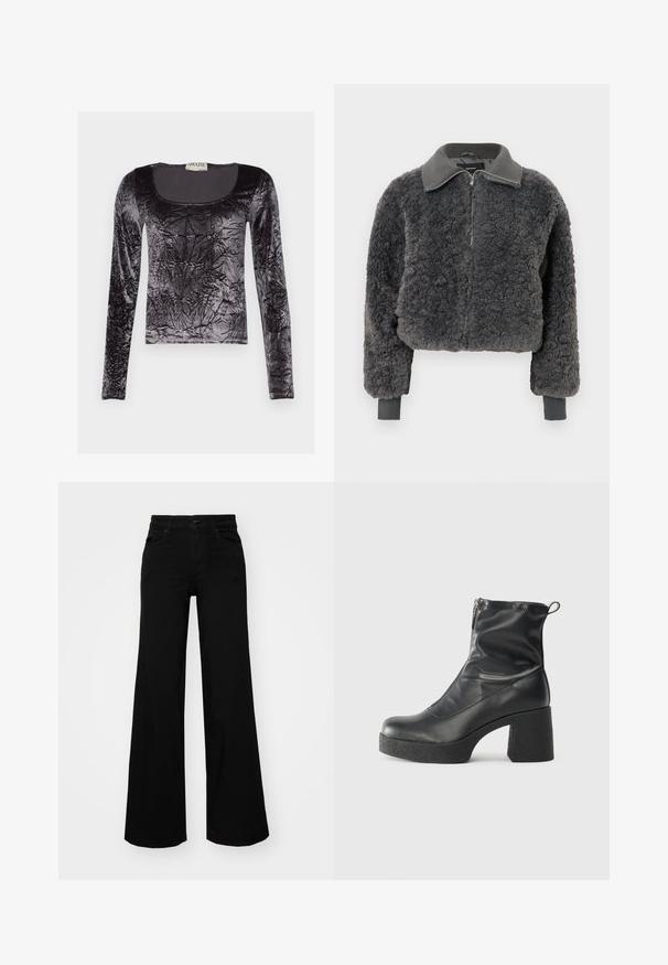 Tamsiai pilkas dirbtinio kailio zip-up džemperis su nertos apykaklės ir rankogalių detalėmis, su priekiniais užtrauktukais ir šiek tiek sutrumpintu kirpimu.; Juodas ilgomis rankovėmis viršus, pagamintas iš suspausto veliūro, su apvaliomis iškirptėmis ir tekstūruotu paviršiumi su blizgiu apdaila.; Juodos plačios kelnės iš denimo, turinčios struktūruotą juosmenį, diržo kilpas ir priekines kišenes. Lygus paviršius su klasikinio dizaino elementais.; Juodos kulkšninių botai, pagaminti iš lygaus odos, su šoniniu užtrauktuku, masyviu tekstūruotu kulnu ir apvaliu pirštu.
