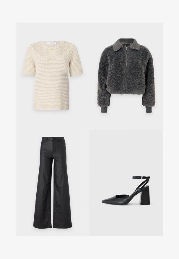 Dark gray faux shearling zip-up jacket with ribbed collar and cuffs, featuring a front zipper and a slightly cropped fit.; Knit short-sleeve sweater in off-white, featuring a textured pattern with rounded neckline and ribbed cuffs for structure.; Black, wide-leg pants in a faux leather material. Features a high waist, belt loops, two front pockets, and stitched detailing.; Black leather pointy-toe pump with an ankle strap and a chunky heel. Flat texture, sleek design, and minimalistic aesthetics.