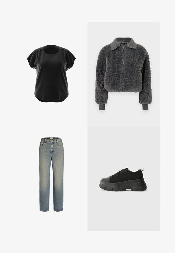 Donkergrijze nepbont zip-up jas met ribbelkraag en manchetten, voorzien van een frontrits en een iets verkorte pasvorm.; Zwarte top met korte mouwen en ronde halslijn, gemaakt van ribbelstof. Heeft een relaxte pasvorm en een ronde zoom aan de onderkant.; Lichtblauwe spijkerbroek met een recht model, hoge taille, vijfzakkenstijl en subtiele vervaging. Voorzien van een metalen knoop en ritssluiting.; Zwarte sneakers met een stevige rubberen zool, textiel bovenwerk, ronde neus en vetersluiting. Beschikt over versterkte oogjes en een trekstrip aan de achterkant.