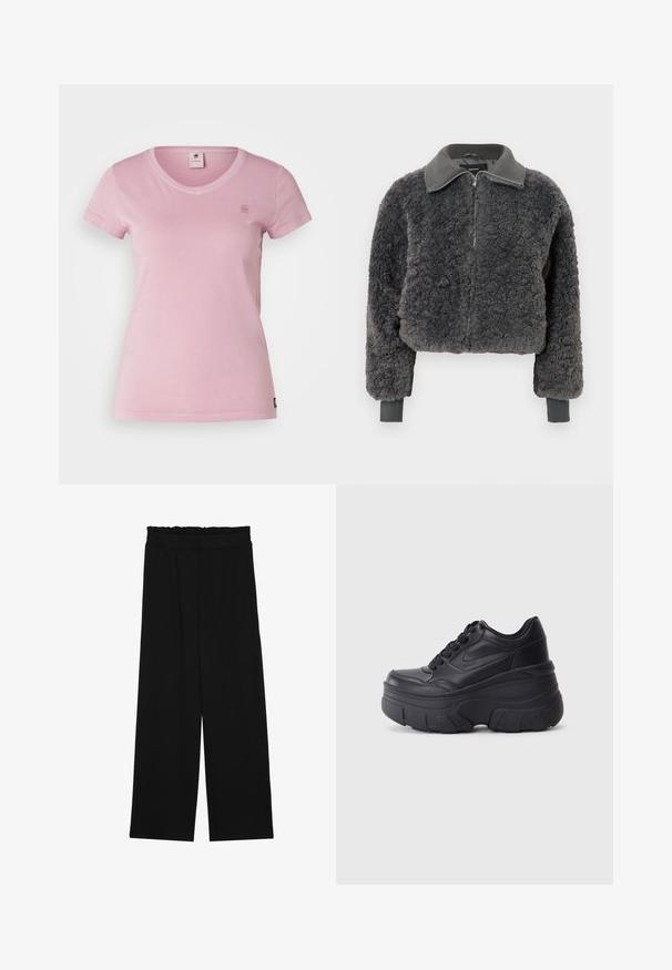 Tumši pelēks mākslīgais vilnas jaku ar rāvējslēdzēju, ribotām apkaklēm un rokām, ar priekšējo rāvējslēdzēju un nedaudz īsāku griezumu.; G-STAR EYBEN - Pamata T-krekls - deep ginger; Melnas platās bikses ar volangām jostasvietā, ar divām sānu kabatām un gludu, vieglu audumu. Nav redzamu rakstu vai aksesuāru.; Melni šņorējami sporta apavi ar biezu zoli, ar gludu ādas augšdaļu, noapaļotu purngalu un izteiktu slāņveida platformas dizainu.