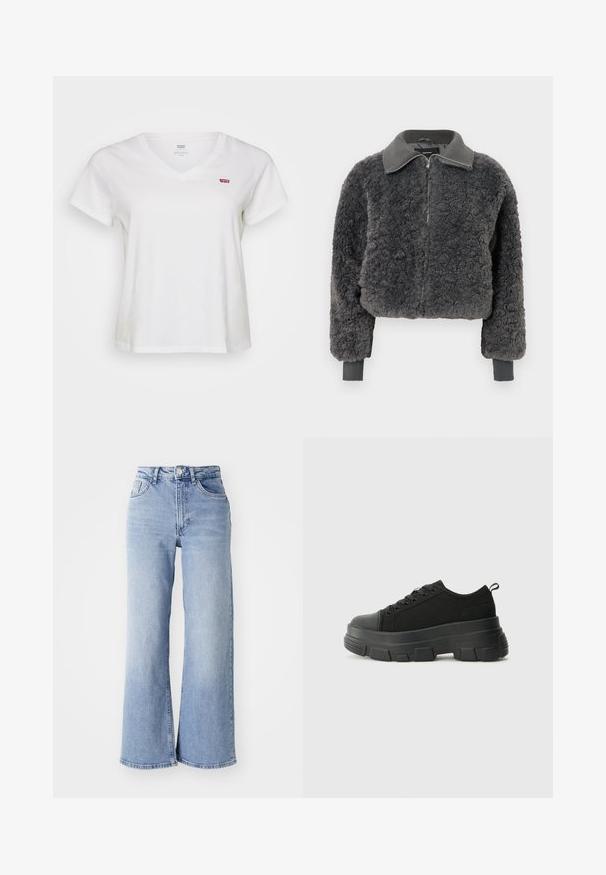 Casaco de zíper em pele sintética de pelo cinza escuro, com gola e punhos canelados, apresentando um zíper frontal e um caimento ligeiramente cropped.; T-shirt branca de algodão com decote em V, mangas curtas e pequeno logótipo vermelho da Levi's no lado esquerdo do peito. Textura macia, ajuste descontraído.; Jeans de cintura alta, de perna larga, em azul claro, com bolsos frontais e traseiros, fecho de botão e desbotamento subtil nas coxas e nas bainhas.; Sneakers pretos com sola de borracha robusta, parte superior de tecido texturizado, bico redondo e design de atacadores. Apresenta ilhós reforçados e uma alça na parte posterior.