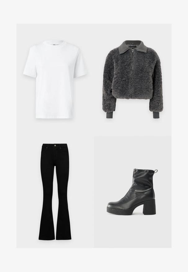 Casaco de zíper em pele sintética de pelo cinza escuro, com gola e punhos canelados, apresentando um zíper frontal e um caimento ligeiramente cropped.; T-shirt branca de algodão com decote redondo, featuring mangas curtas e uma textura suave. Projetada com um corte solto para conforto e versatilidade.; Jeans pretos de cintura alta com fecho de botão e zíper, bolsos frontais e pernas largas dispostos em cima de um fundo branco.; Botas de tornozelo pretas feitas de couro liso, com fecho lateral, salto grosso texturizado e design de bico arredondado.