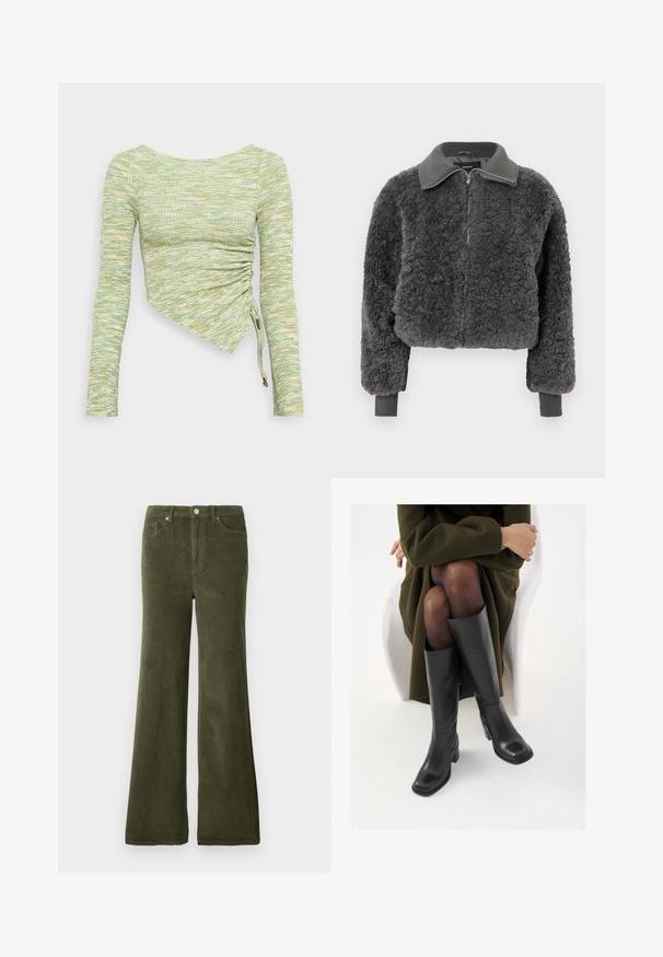 Donkergrijze nepbont zip-up jas met ribbelkraag en manchetten, voorzien van een frontrits en een iets verkorte pasvorm.; Langsleeve top in gestructureerde mintgroene en gele stof, met een asymmetrische snit, zijruit en strikjes aan de onderzoom.; Olijfgroene corduroy flared broek met een gladde textuur, voorzakken en een metalen knoopsluiting in de taille.; Knieschijf hoge zwarte leren laarzen met een vierkante neus en blokhak, getoond met een model dat zit in een olijfgroene jas. Gladde textuur, minimale details.