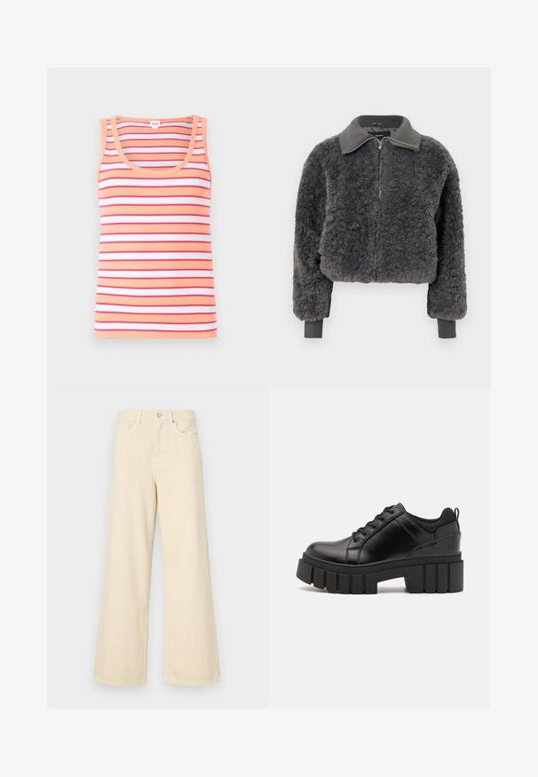 Dark gray faux shearling zip-up jacket with ribbed collar and cuffs, featuring a front zipper and a slightly cropped fit.; Striped tank top featuring horizontal stripes in shades of peach, red, and white. Made from ribbed fabric with a scoop neckline and sleeveless design.; Beige wide-leg jeans made of cotton. Features a button closure, belt loops, and front pockets with a smooth, soft texture.; Black leather platform shoes with a chunky block heel, round toe, and traditional lace-up design. Features smooth texture and minimal detailing.