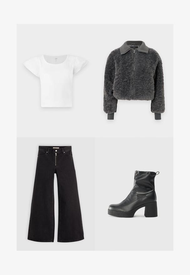 Ciemnoszara kurtka typu faux shearling na zamek z ribbowanym kołnierzem i mankietami, z przednim zamkiem błyskawicznym i lekko skróconym krojem.; Biała krótka bluzka z krótkim rękawem, z bufiastymi ramionami i okrągłym dekoltem, wykonana z prążkowanej tkaniny, z GAP w rozmiarze medium.; Jeans o szerokich nogawkach w czarnym denienie z zamkiem błyskawicznym z przodu, pięcioma kieszeniami i subtelnymi detalami przeszycia. Gładka tekstura i swobodny styl.; Czarne botki za kostkę wykonane z gładkiej skóry, wyposażone w boczny zamek błyskawiczny, masywny teksturowany obcas oraz zaokrąglony czubek.
