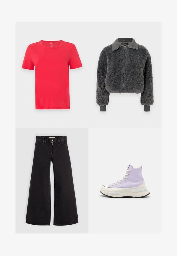 Jachetă elegantă cu fermoar, din faux shearling de culoare gri închis, cu guler și mansete ribbed, având o potrivire ușor scurtă.; Tricou roșu cu mânecă scurtă din bumbac. Are un guler clasic de tip crew neck și un design simplu, fără modele sau accente.; Jeans cu picioare largi din denim negru, cu fermoar în față, design cu cinci buzunare și detalii subtile de cusătură. Textură netedă și stil casual.; Pantofi sport înalți din pânză violet deschis. Talpa intermediară groasă de culoare albă cu talpa exterioară neagră. Prezintă vârf rotund și șireturi bej. Design minimal.