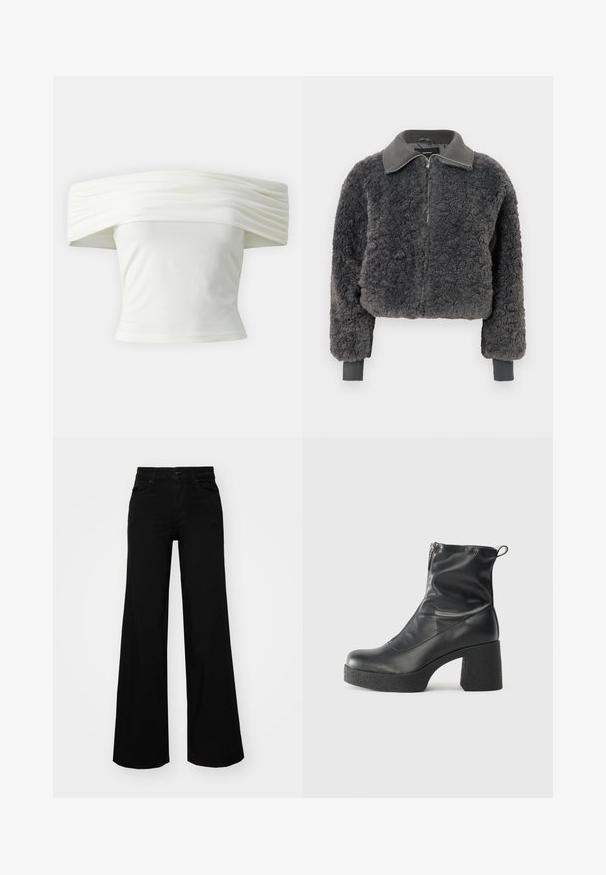 Chaqueta de felpa sintética gris oscuro con cierre de cremallera, cuello y puños acanalados, que presenta una cremallera frontal y un corte ligeramente cropped.; Top blanco sin mangas con cuello estructurado y plisado, y un torso ajustado. Confeccionado en un tejido suave con una textura lisa.; Pantalones de mezclilla de pierna ancha y color negro, con una cinturilla estructurada, pasadores para cinturón y bolsillos frontales. Textura suave con un diseño clásico.; Botines negros de tobillo, hechos de cuero suave, con cierre lateral, tacón grueso texturizado y diseño de punta redondeada.