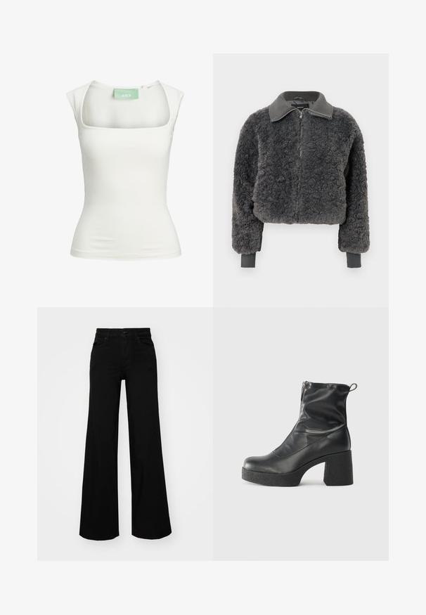 Sötétszürke műszőrme zipzáras dzseki, bordázott gallérral és mandzsettával, elől cipzárral és enyhén cropped szabással.; Fehér, testhezálló ujjatlan felső négyzet alakú nyakkivágással és rövid ujjal, rugalmas anyagból készült. A címke zöld színben a "JJXX" márkanevet mutatja.; Fekete, bő szárú farmernadrág, amelynek állítható derékrésze van, övhurkokkal és elülső zsebekkel. Simaság jellemzi, klasszikus dizájnnal.; Fekete bokacsizmák sima bőrből, oldalsó cipzárral, vastag, texturált sarkú és lekerekített orrú dizájnnal.