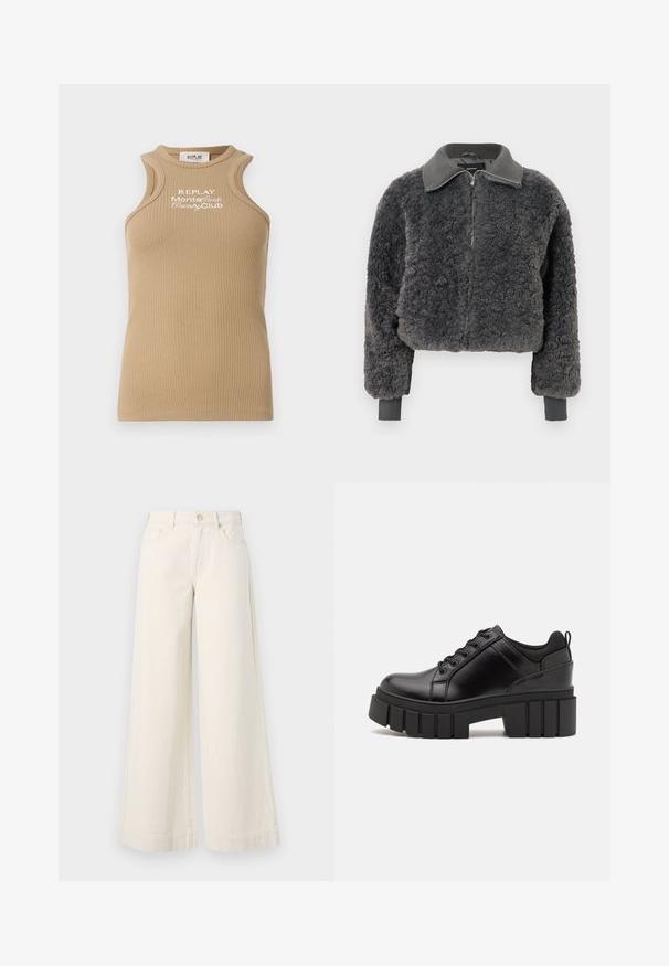 Jachetă elegantă cu fermoar, din faux shearling de culoare gri închis, cu guler și mansete ribbed, având o potrivire ușor scurtă.; Top din bumbac bej cu nervuri, cu decolteu rotund și bretele late. Prezintă broderie albă "REPLAY MonteCarlo Country Club" pe partea din față.; Pantaloni din denim bej deschis, cu talie înaltă, cu picioare largi, două buzunare frontale, închidere cu buton și detalii subtile de cusătură.; Pantofi cu talpă plată din piele neagră, cu toc gros, vârf rotund și design tradițional cu șireturi. Prezintă o textură netedă și detalii minime.