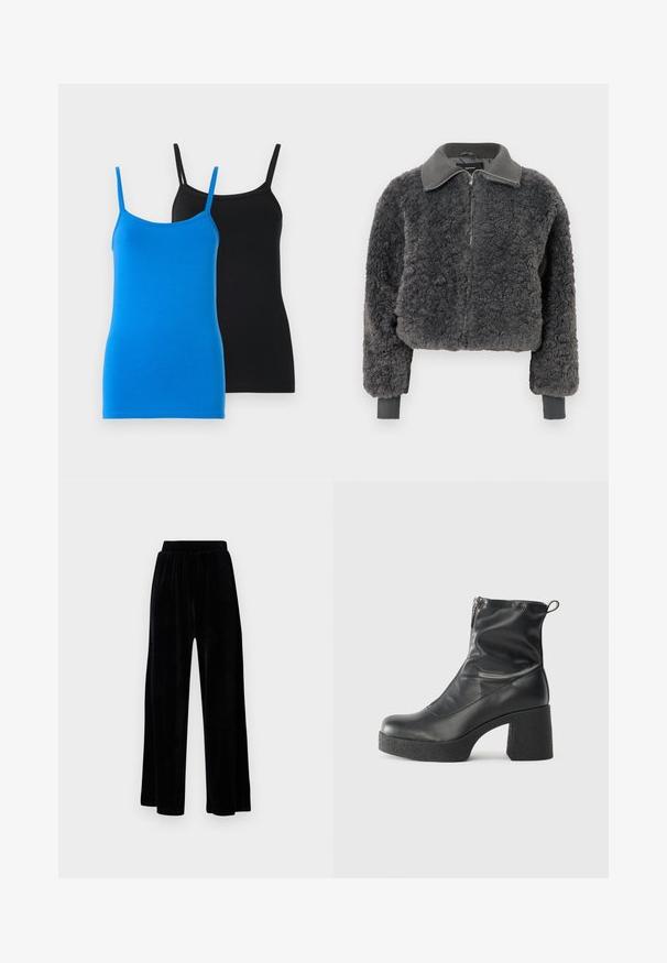 Casaco de zíper em pele sintética de pelo cinza escuro, com gola e punhos canelados, apresentando um zíper frontal e um caimento ligeiramente cropped.; Camisetas de algodão sem mangas em azul e preto. Ambas têm alças finas e um design justo. A camiseta azul apresenta uma textura suave, enquanto a camiseta preta é sólida.; Calças largas pretas feitas de veludo suave, com um cós elástico e uma textura lisa, sem detalhes ou padrões visíveis.; Botas de tornozelo pretas feitas de couro liso, com fecho lateral, salto grosso texturizado e design de bico arredondado.