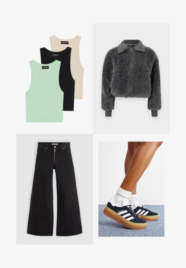 Ciemnoszara kurtka typu faux shearling na zamek z ribbowanym kołnierzem i mankietami, z przednim zamkiem błyskawicznym i lekko skróconym krojem.; Trzy topy na ramiączkach w kolorze miętowym, czarnym i beżowym; wykonane z prążkowanej tkaniny, z okrągłym dekoltem i bez rękawów. Widać metkę marki.; Jeans o szerokich nogawkach w czarnym denienie z zamkiem błyskawicznym z przodu, pięcioma kieszeniami i subtelnymi detalami przeszycia. Gładka tekstura i swobodny styl.; Czarne zamszowe trampki z białymi paskami i akcentami, zaokrąglonym noskiem, gumową podeszwą w kolorze jasno-brązowym, zestawione z białymi żebrowanymi skarpetkami do kostki.