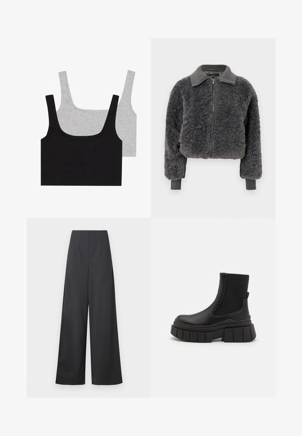 Giacca zip-up in finta pelliccia shearling di colore grigio scuro, con colletto e polsini a costine, dotata di una cerniera frontale e una vestibilità leggermente cropped.; Due canotte in misto cotone: una nera e una grigia, entrambe con texture a coste e spalline larghe, dotate di scollatura a girocollo e vestibilità comoda.; Pantaloni a vita alta, a gamba larga in tessuto grigio scuro con una texture liscia. Presentano nessuna tasca visibile o decorazioni.; Stivali neri alla caviglia in pelle liscia con pannelli laterali elastici, una suola platform spessa e un design della suola testurizzato.
